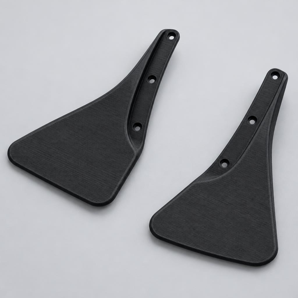 Illustrative black PETG front mud flap pair for BMW M2